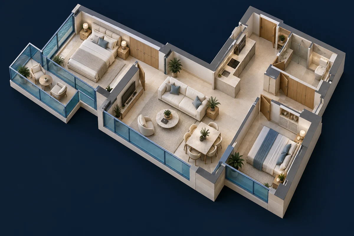 Иллюстративная 3D-визуализация формата 76 м²